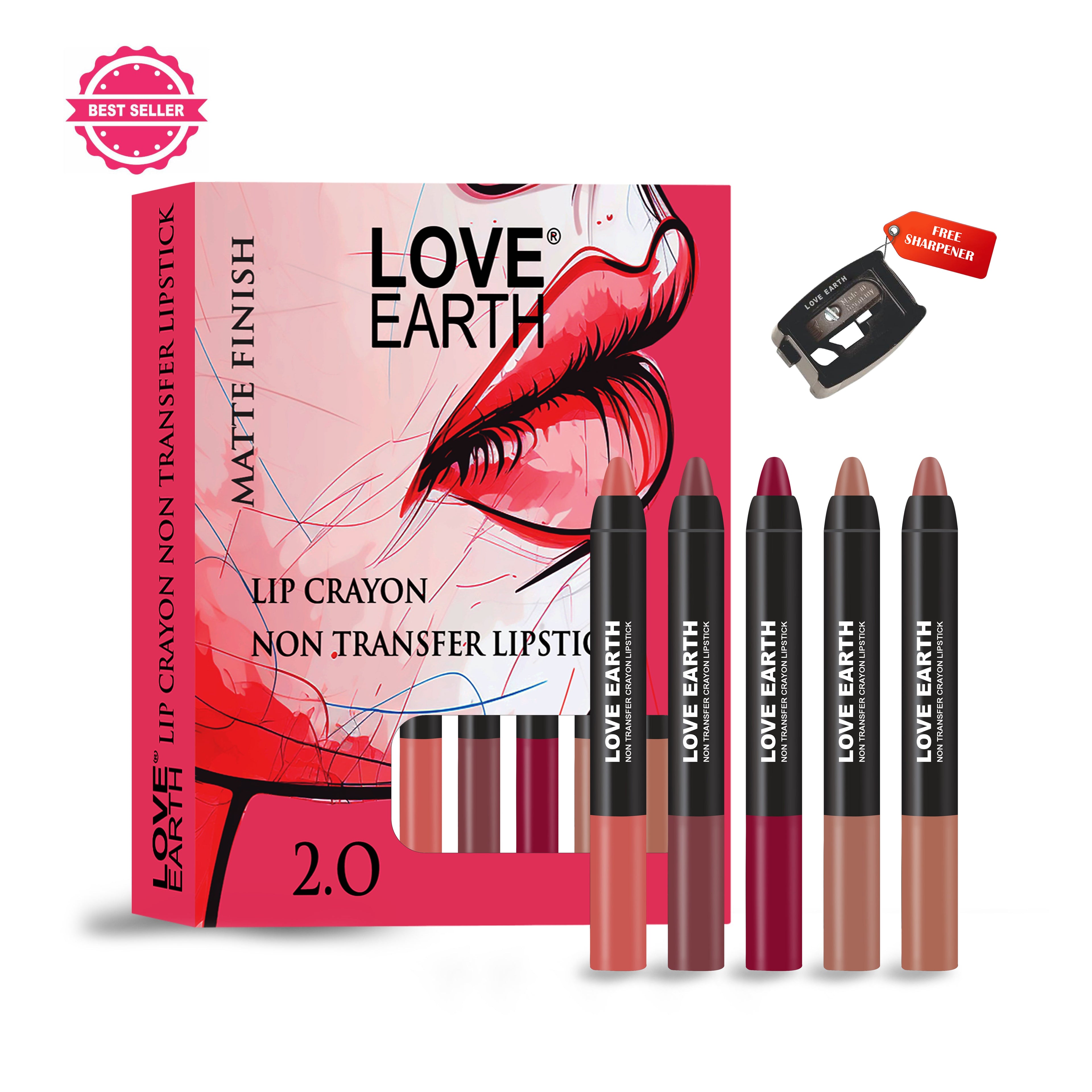 Love Earth Lip Crayon Non-Transfer Lipstick 2.O And Sharpener | Grocsy