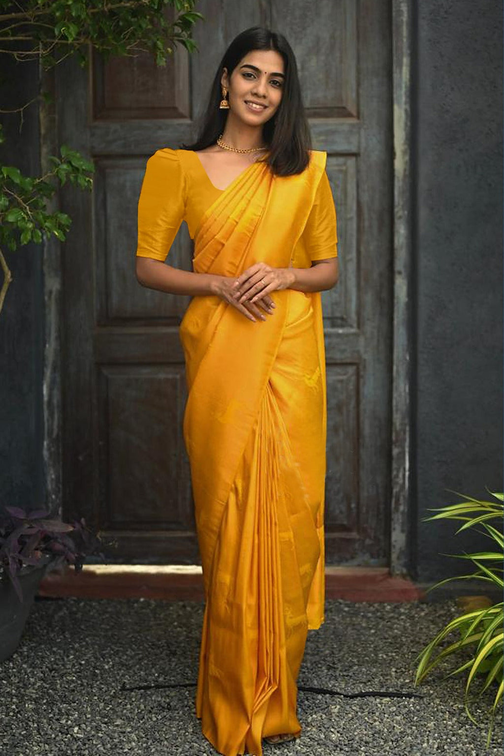 Vamika Weaving Banarasi Jacquard yellow Kanjivaram Saree | Grocsy