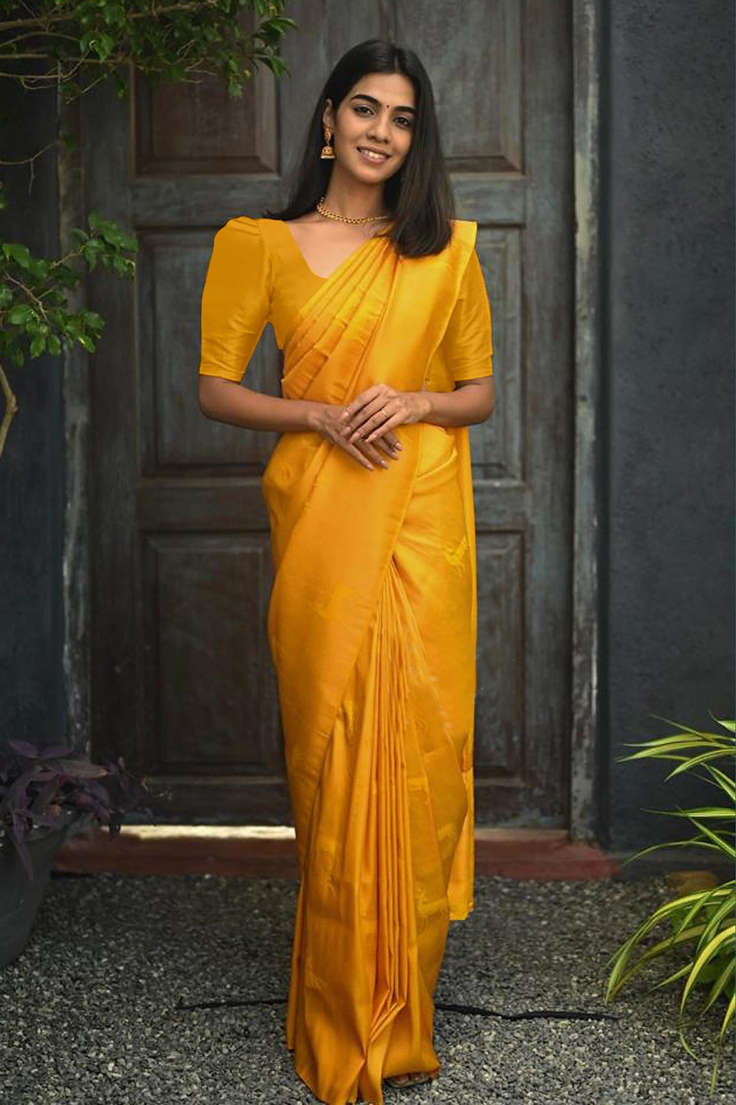 Vamika Weaving Banarasi Jacquard yellow Kanjivaram Saree | Grocsy