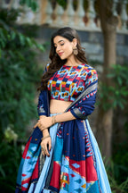 Vastranavya Luxurious Tussar Silk Print With Foil Work Lehenga Choli - Sky Blue | Grocsy