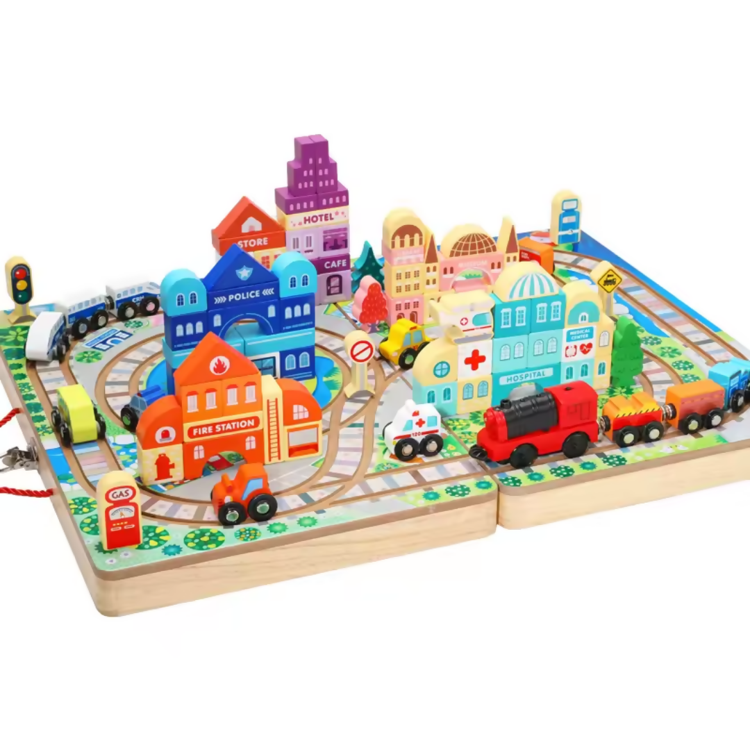 Nesta Toys Wooden Train Set with Building Blocks, Montessori Toys, City Building Toy, Cars & Vehicle Toys for Kids | Grocsy