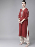 Yufta Maroon & Off White Embroidered Dupatta Set | Grocsy