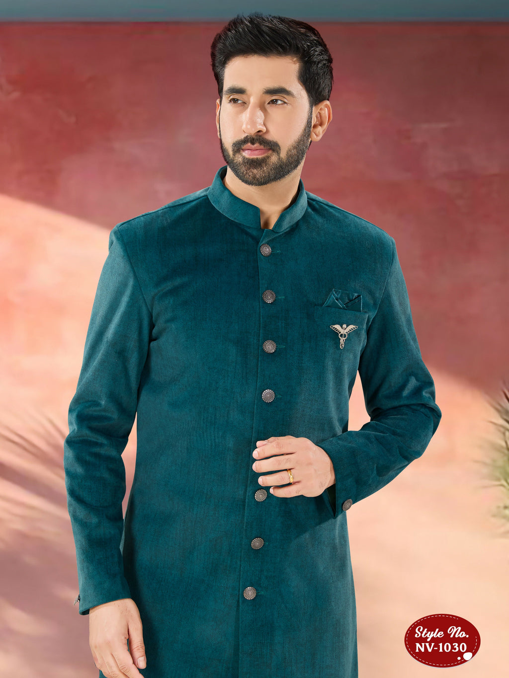 Joban Fashion Men's Blue Straight Swed Velvet Thread & Sequence Embroidery All Over Indo-Western Kurta Set | Grocsy