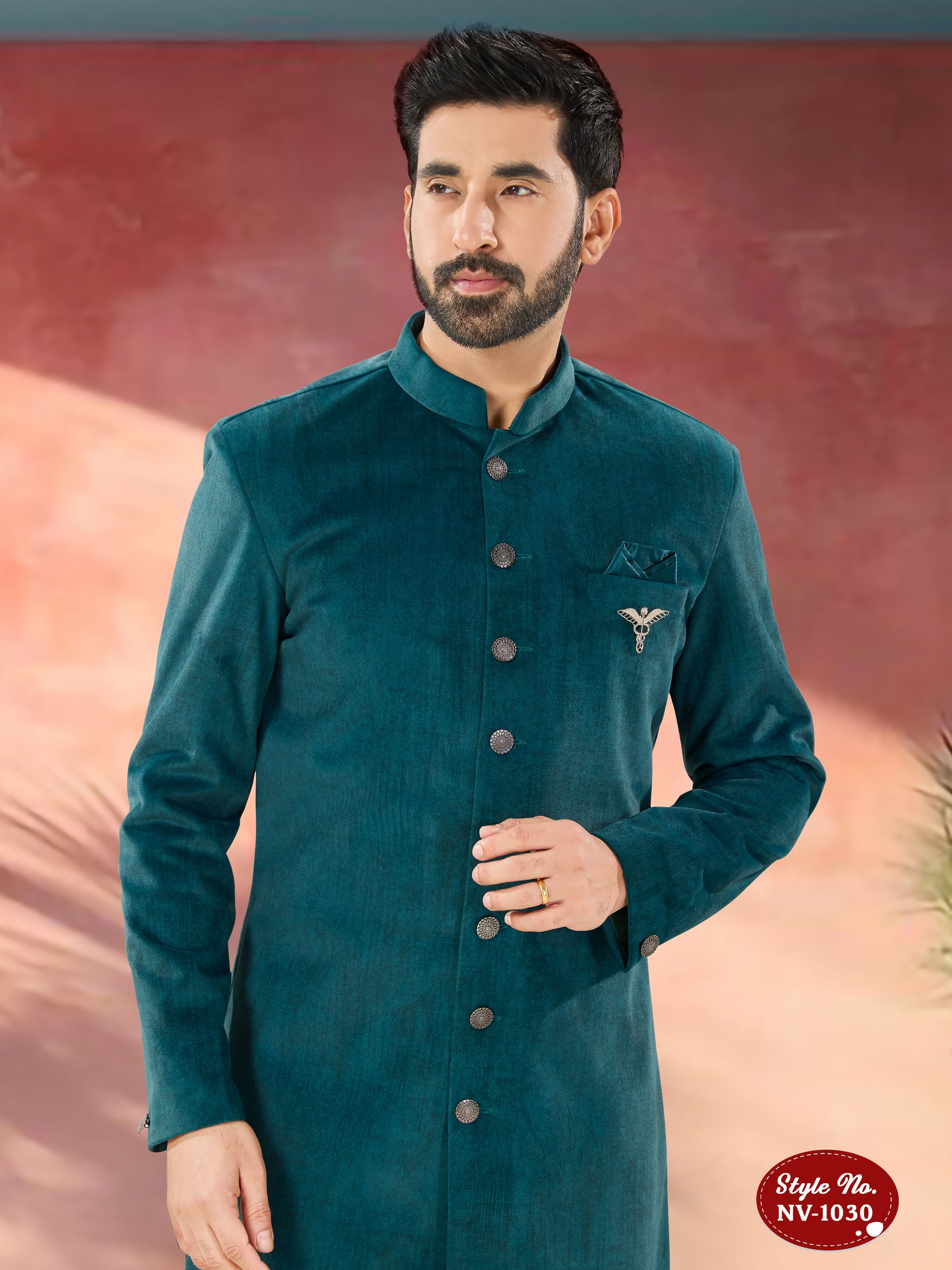 Joban Fashion Men's Blue Straight Swed Velvet Thread & Sequence Embroidery All Over Indo-Western Kurta Set | Grocsy