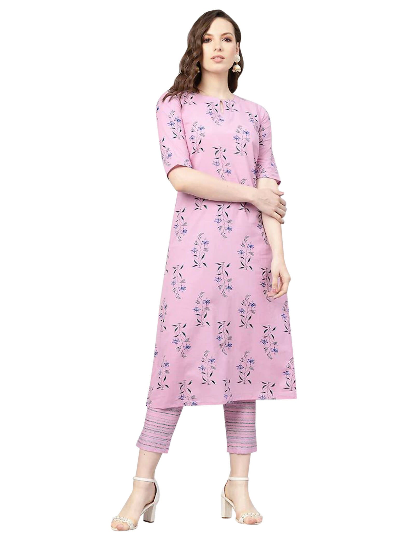 Vamika Printed Cotton Pink Party Wear/Casual Wear Women's Kurta Set/Suit | Grocsy