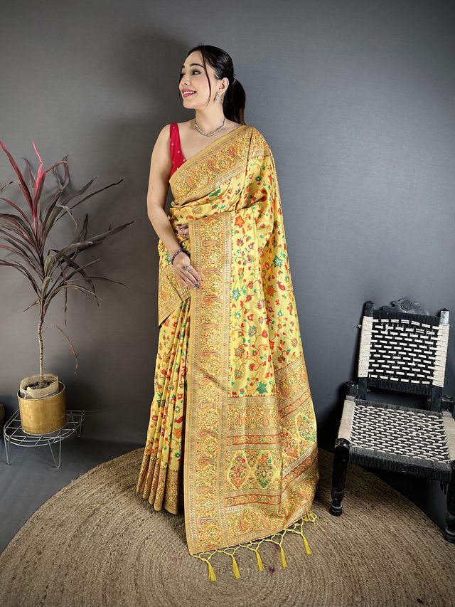 Elora Golden Yellow Pashmina Silk Meenakari Weaving Madhubani Design Kashmiri Saree | Grocsy