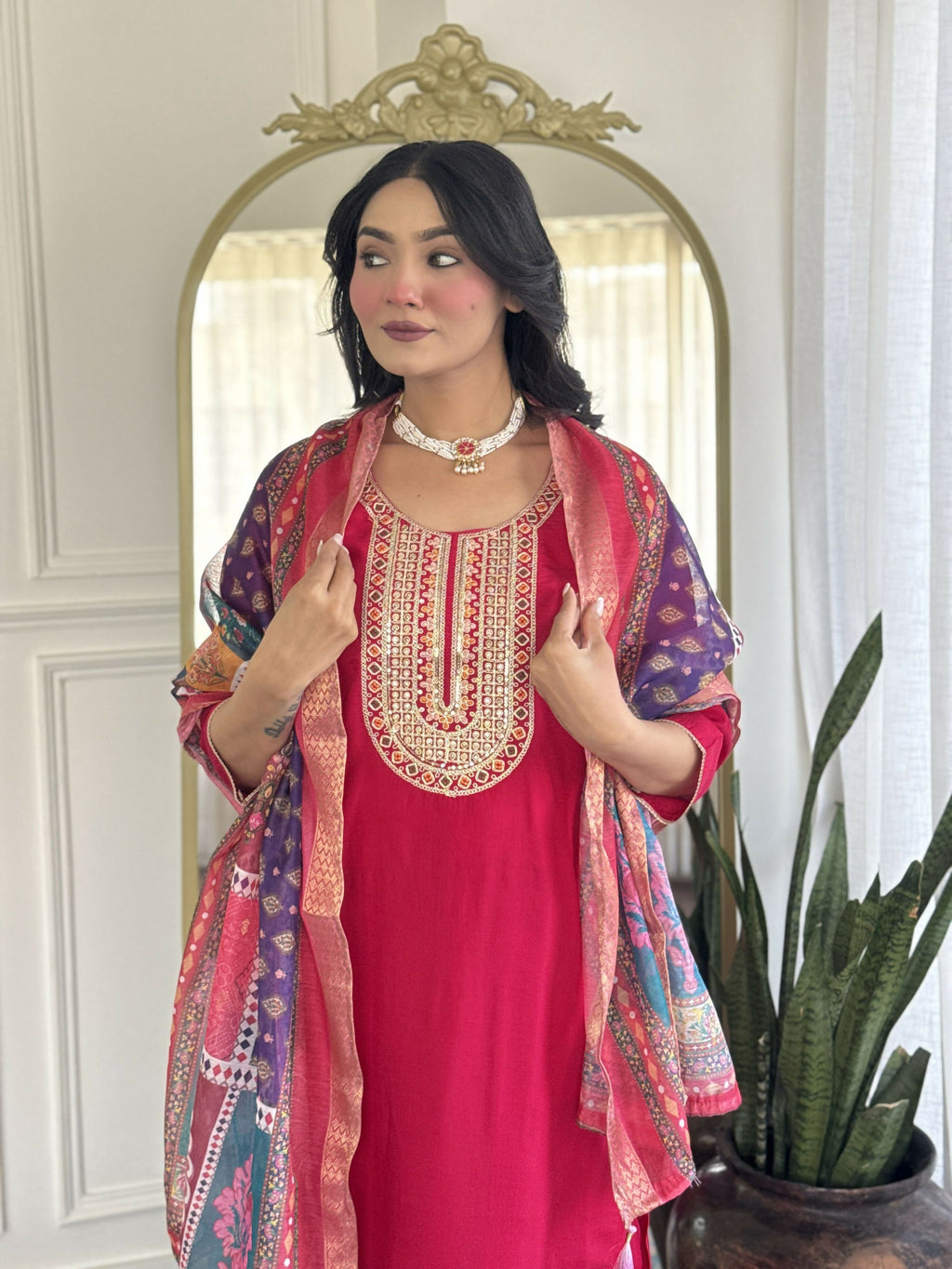 The52 Rani Gorgeous Embroidered Chanderi Silk Fabric Straight Kurta Pant with Dupatta Set | Grocsy