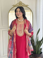 The52 Rani Gorgeous Embroidered Chanderi Silk Fabric Straight Kurta Pant with Dupatta Set | Grocsy