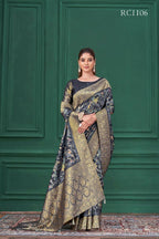 Blue Tussar Silk Jacquard Abstract Digital Print Saree with Unstitched Blouse - Mohira | Grocsy