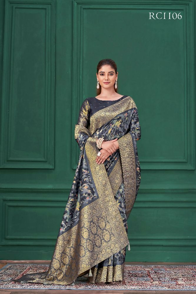 Blue Tussar Silk Jacquard Abstract Digital Print Saree with Unstitched Blouse - Mohira | Grocsy