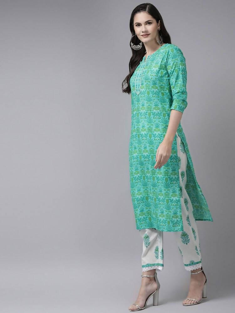 Yufta Green & White Ethnic Motifs Printed Mirror Work Kurta with Palazzo & Dupatta | Grocsy