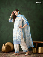 Blue & White Roman Silk Embroidered Kurta With Trouser & Dupatta - Bhumi | Grocsy