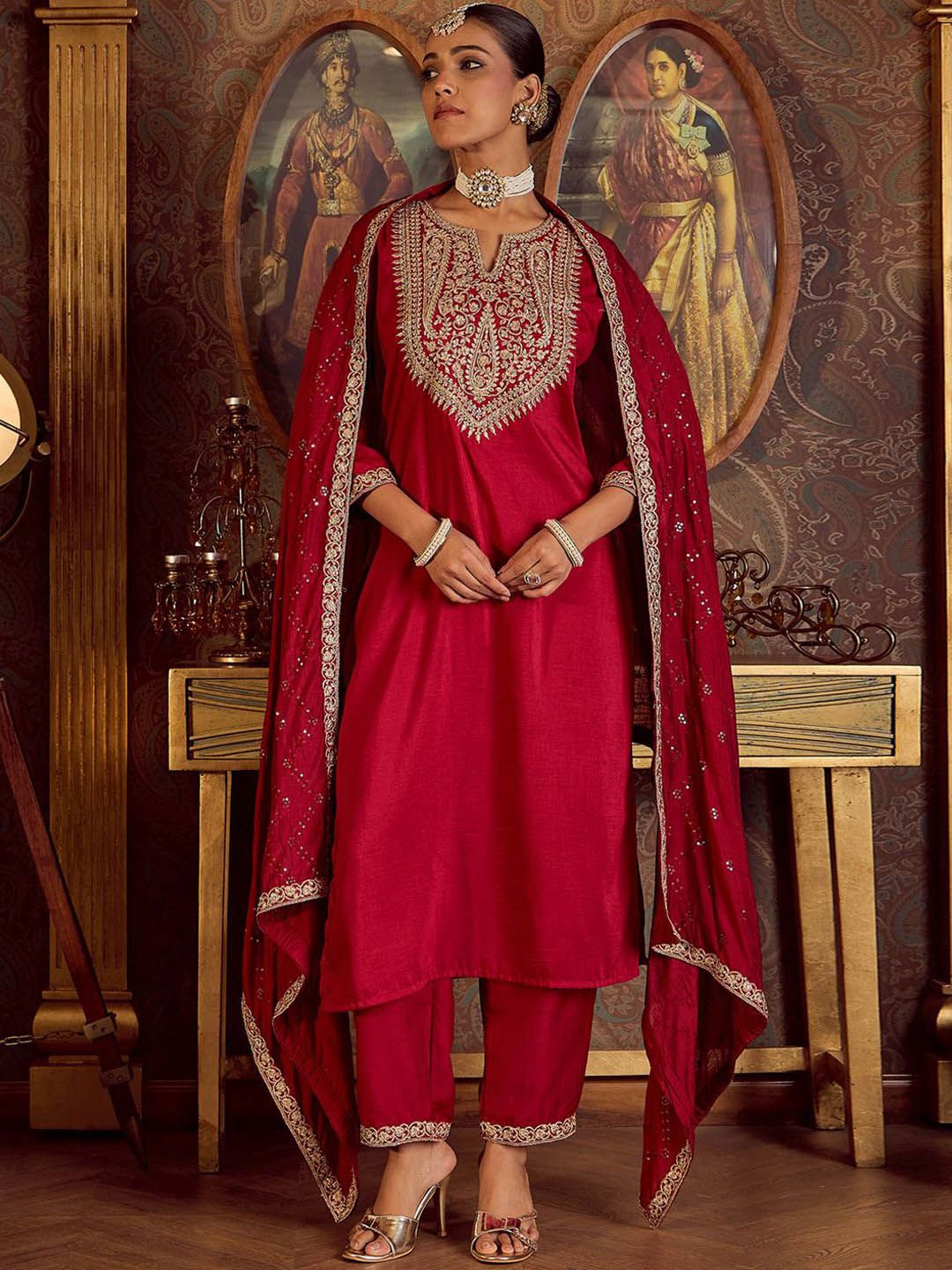 Indo Era Ethnic Floral Embroidered Zari Work Detail Regular Sleeves Round Neck Kurta Set | Grocsy