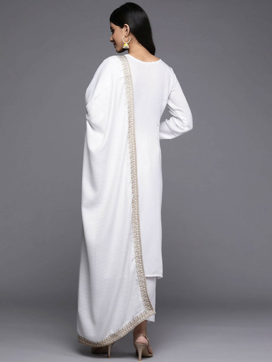 Ahalyaa Women White Ethnic Motifs Embroidered Aari Work Pashmina Kurta with Salwar & With Dupatta | Grocsy