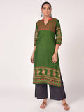 Cheera Hand Block Print Stylish Straight Kurta In Green Color | Grocsy