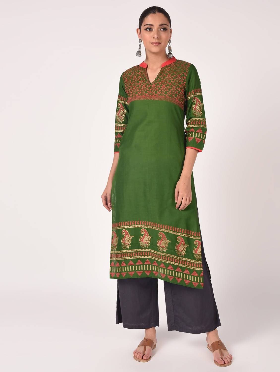 Cheera Hand Block Print Stylish Straight Kurta In Green Color | Grocsy