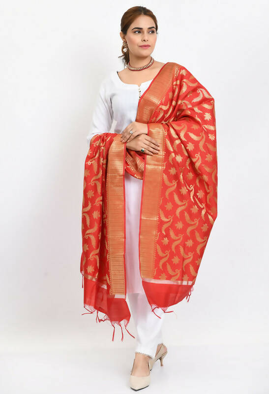 Mominos Fashion Moeza Women's Banarsi Silk Floral Woven Design Red Dupatta | Grocsy