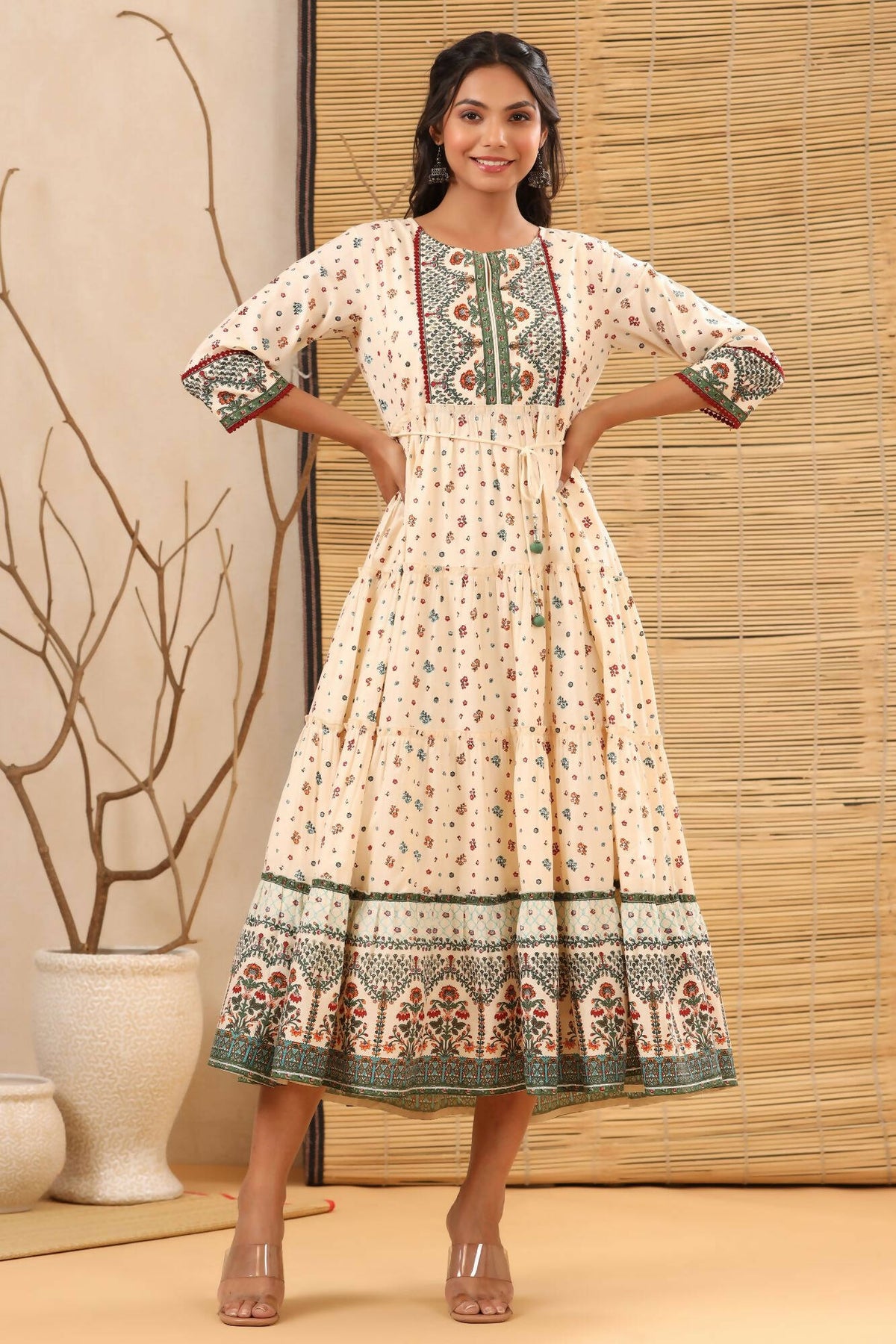 Juniper Women Ivory Cambric Printed Tiered Dress | Grocsy