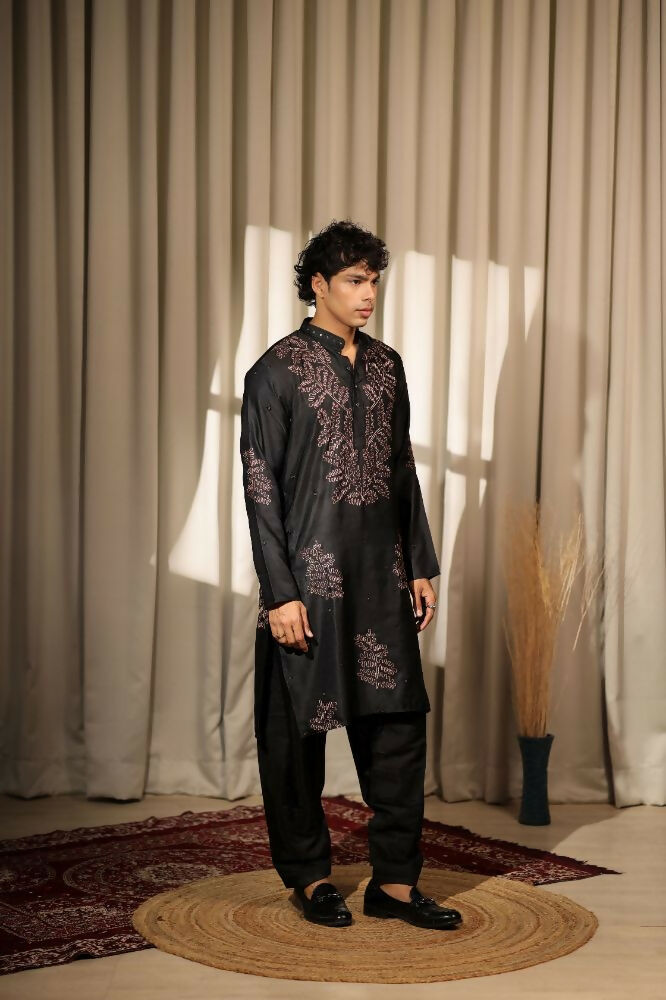 Black Greek Satin Designer Embroidery Work Kurta Set - Mahotsav | Grocsy