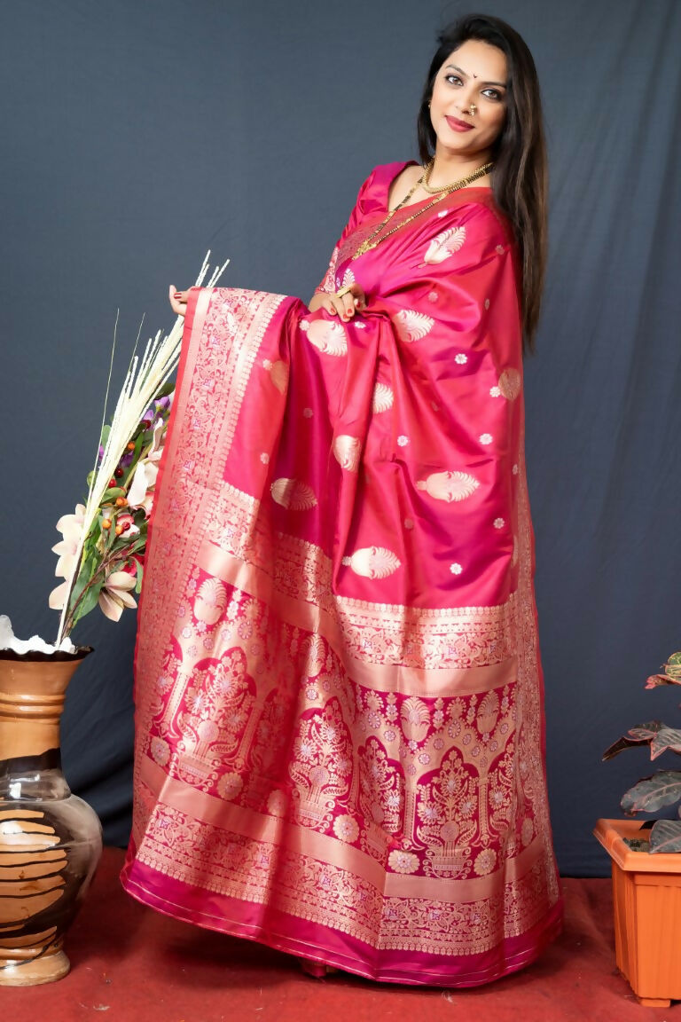 Jyoti Fashion Women's Gajri Red Paithani Silk Zari Woven Saree with Blouse | Grocsy