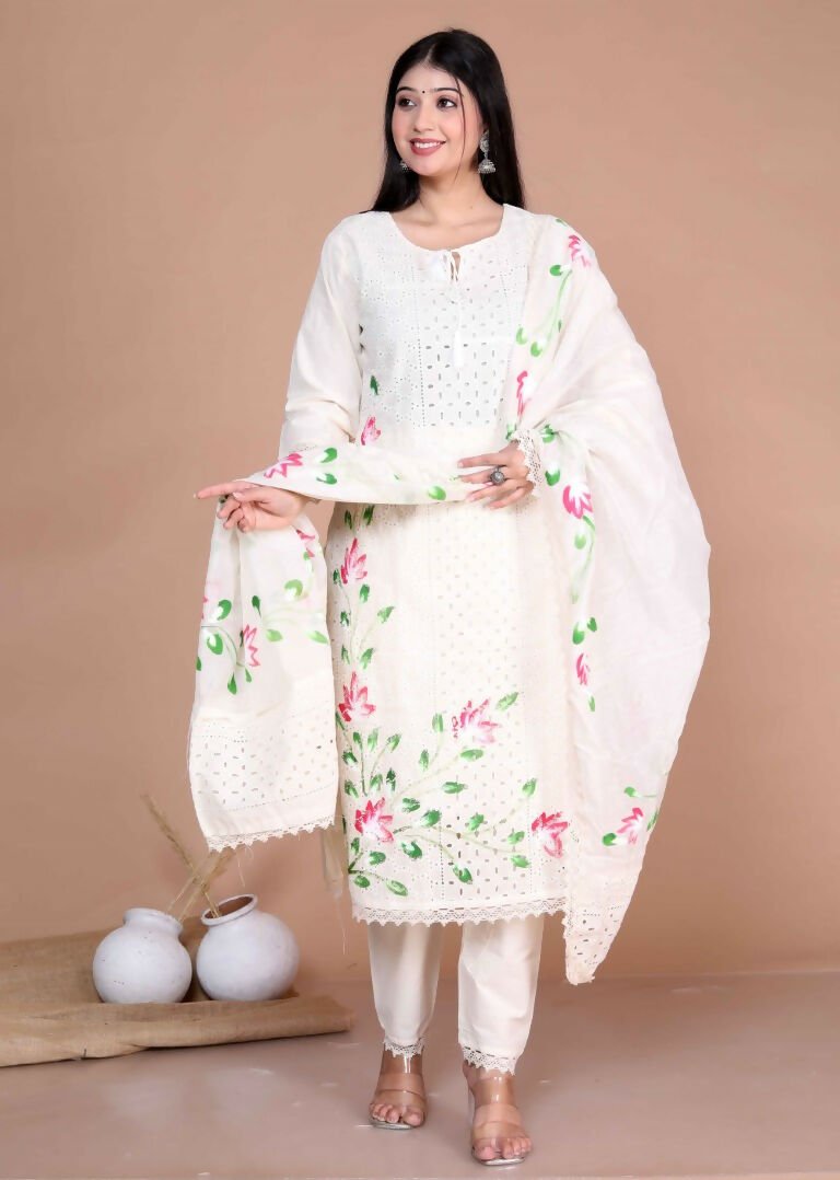 Miravan Women's Cream Hand Block Cotton Pakistani Kurta Palazzo With Dupatta Set | Grocsy