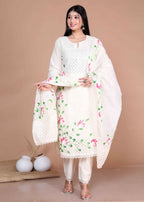 Miravan Women's Cream Hand Block Cotton Pakistani Kurta Palazzo With Dupatta Set | Grocsy