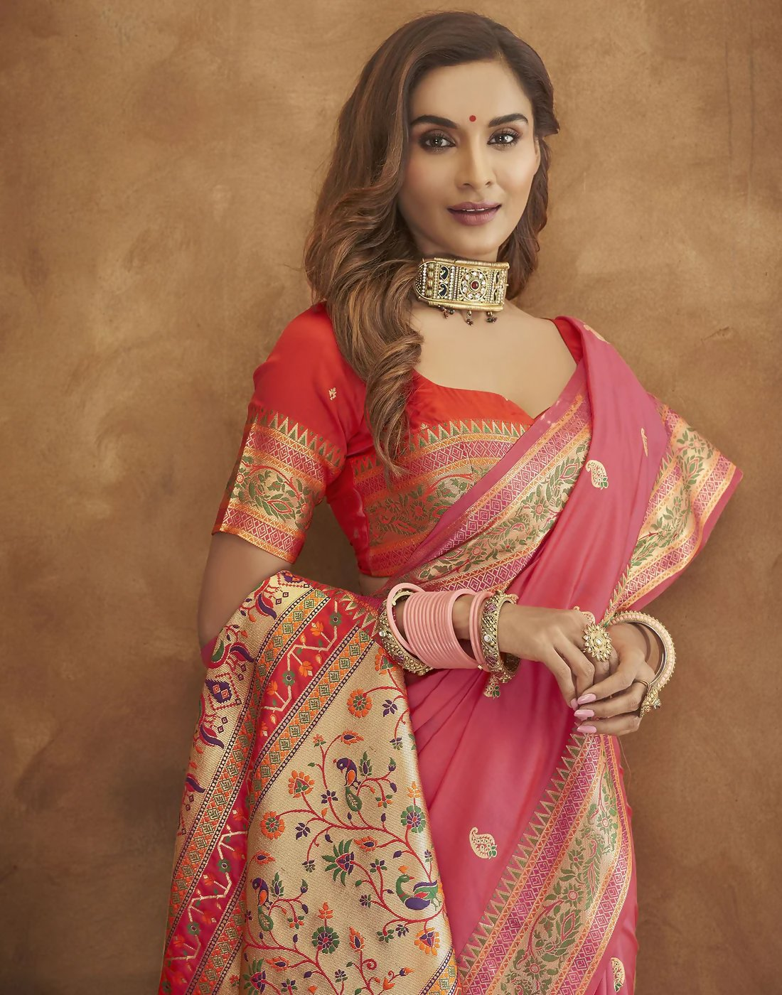 Vastranavya Pink Soft Paithani Silk Saree With Gold Zari Weaving Motifs With Matching Blouse Fabric | Grocsy