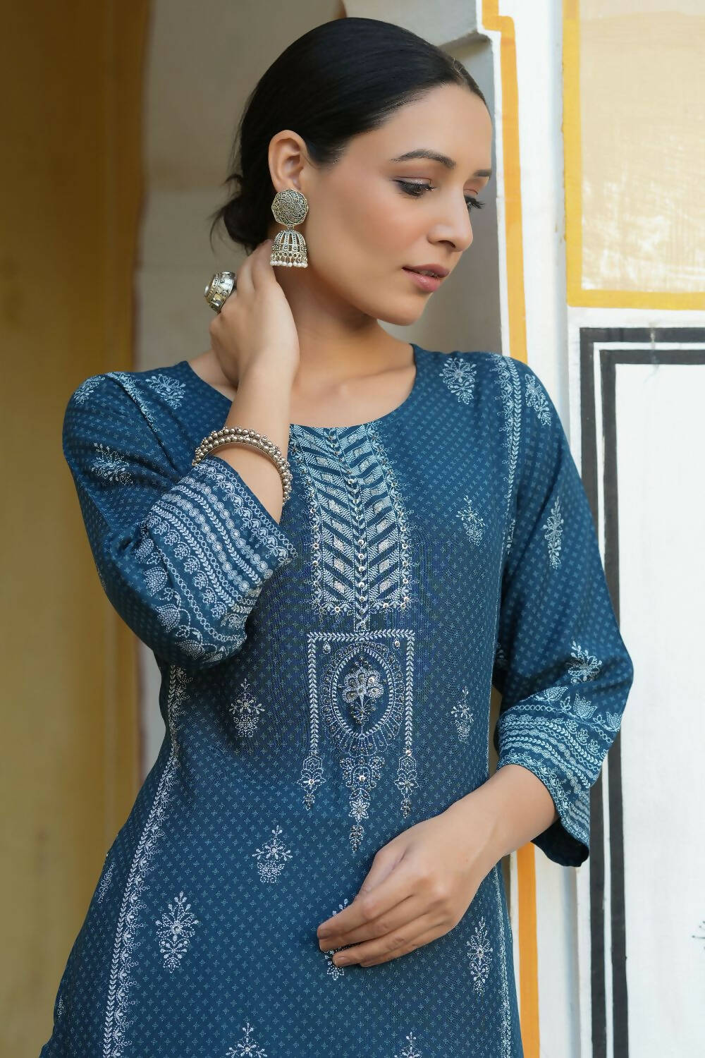 Juniper Women's Blue Rayon Staple Printed Straight Kurta | Grocsy