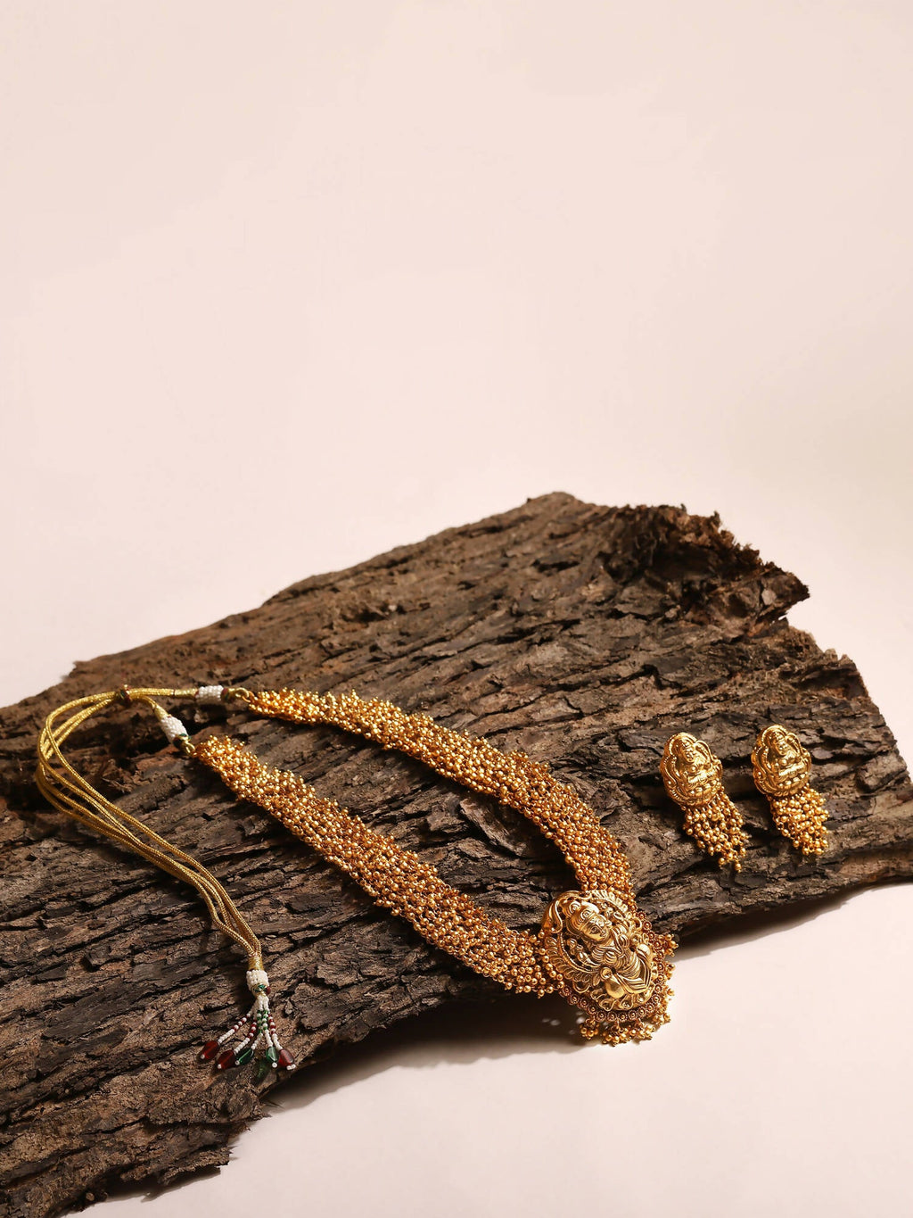 Gold-Polished Pearls Beaded Temple Jewellery Set - Ruby Raang | Grocsy