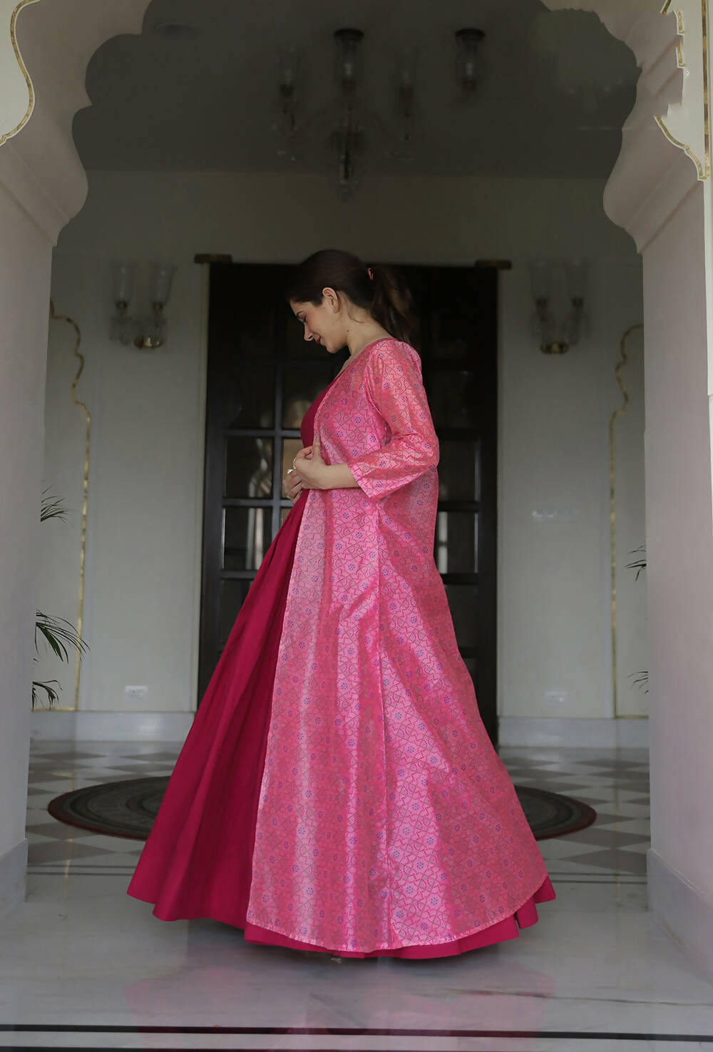 Partywear Designer Digital print Pink Maslin Gown - Anbazaar | Grocsy