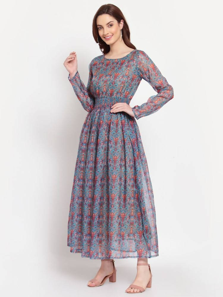 Myshka Women's Multi Printed Organza Full Sleeve Round Neck Casual Maxi Dress | Grocsy