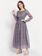 Myshka Women's Multi Printed Organza Full Sleeve Round Neck Casual Maxi Dress | Grocsy