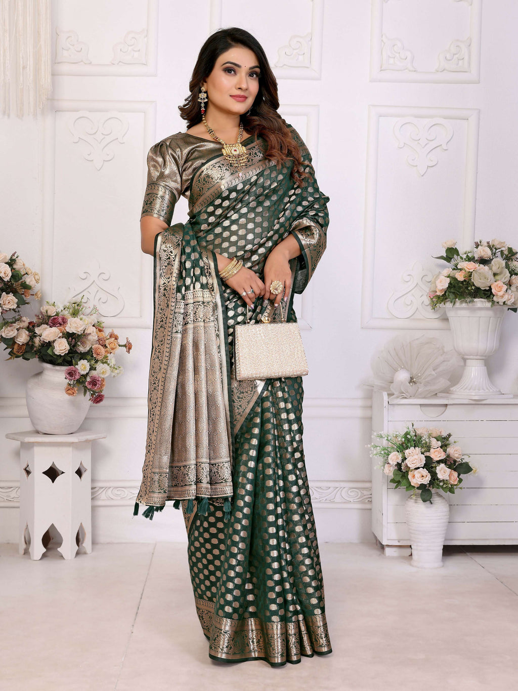 Aastha Fashion Dark Green Organza Silk Weaving Saree | Grocsy