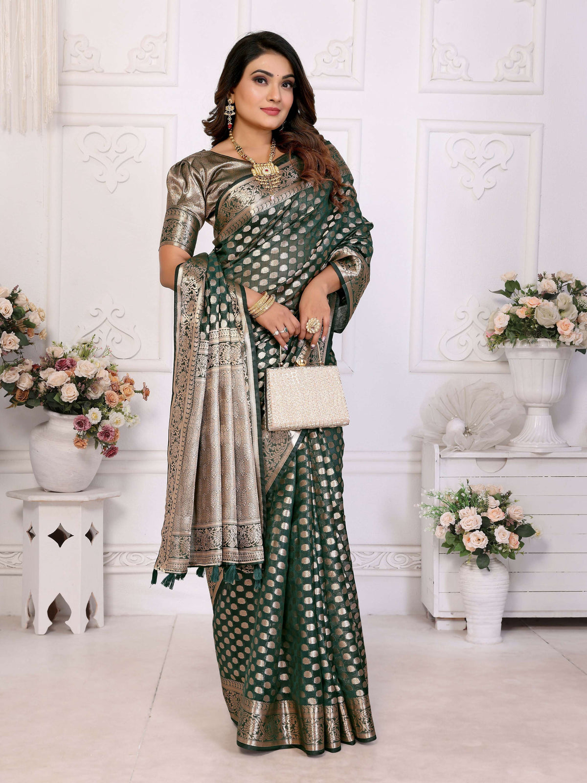 Aastha Fashion Dark Green Organza Silk Weaving Saree | Grocsy