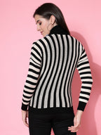 Women Black Acrylic Stripe Cardigan - Wool Trees | Grocsy