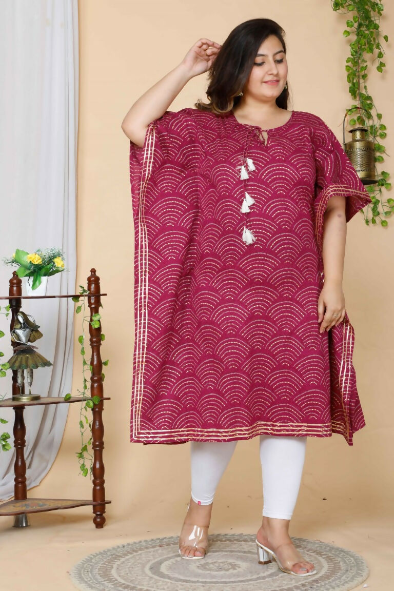 Miravan Women's Plus Size Magenta Bandhani Printed Cotton Kaftan Kurta | Grocsy