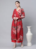 Ahalyaa Women Red Georgette Digital Floral Printed Kurta Palazzo Set | Grocsy