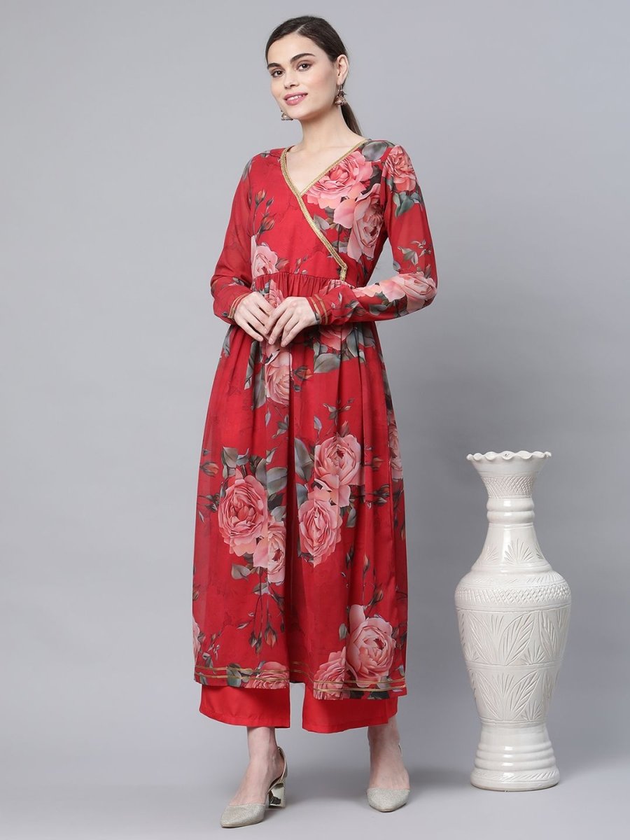 Ahalyaa Women Red Georgette Digital Floral Printed Kurta Palazzo Set | Grocsy