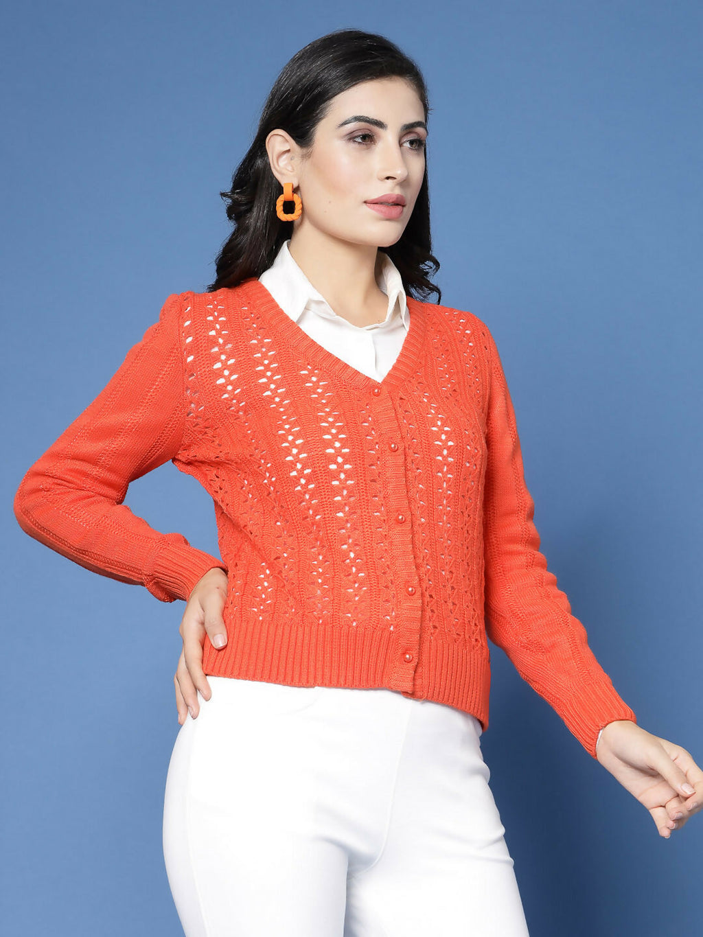 Women Pointelle Rust Acrylic Winter Cardigan - Wool Trees | Grocsy