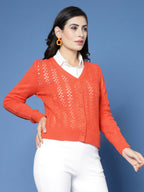 Women Pointelle Rust Acrylic Winter Cardigan - Wool Trees | Grocsy