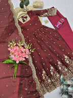 Teeya Creation Womens New Latest Trendy Elegant Maroon Embroidered Anarkali Suit Set with Scalloped Dupatta | Grocsy