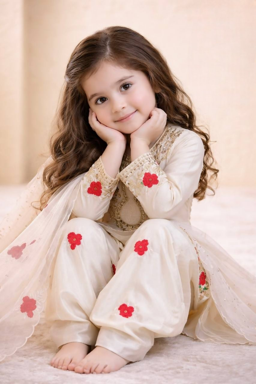 Teeya Creation New Kids Trendy Wedding Wear Traditional Kurta Salwar Set-Beige | Grocsy