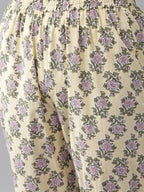 Yufta Women Yellow & Green Floral Handblock Printed Cotton Kurta with Trouser & Dupatta | Grocsy
