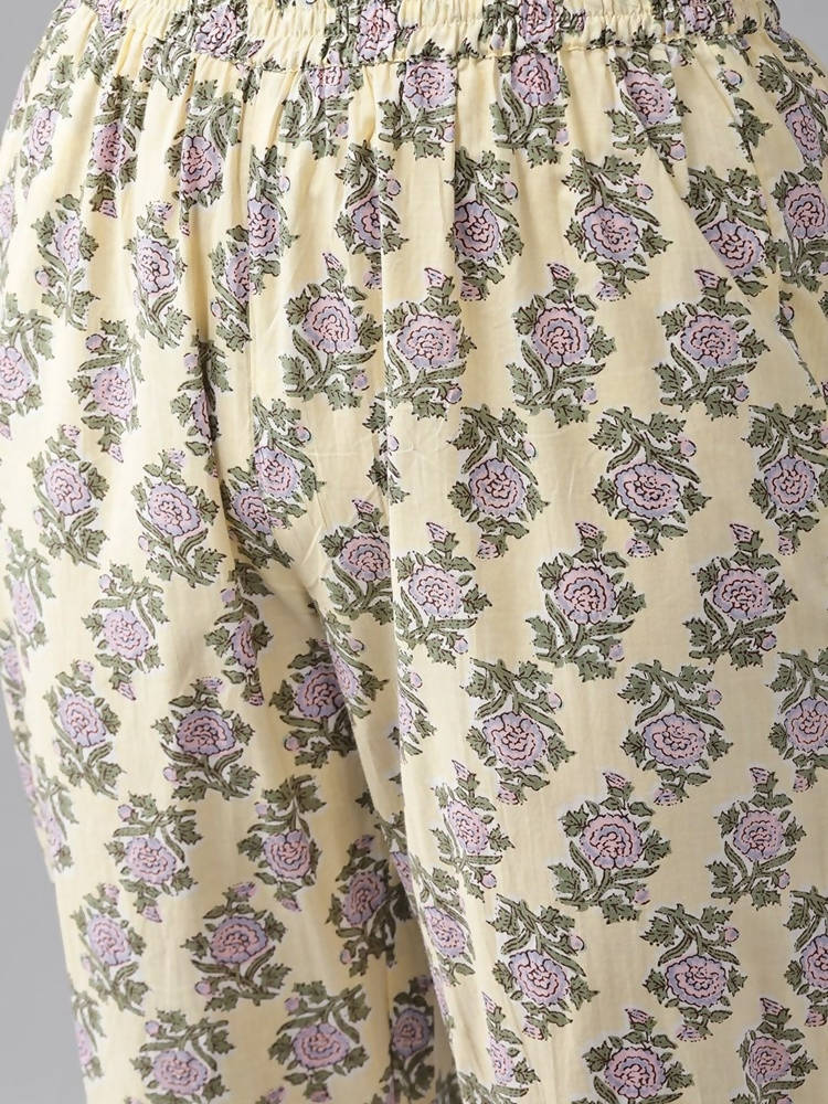 Yufta Women Yellow & Green Floral Handblock Printed Cotton Kurta with Trouser & Dupatta | Grocsy