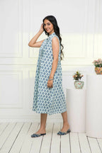 Myshka Women Blue Ethnic Motifs Cotton A-Line Mandarin Collar Dress | Grocsy