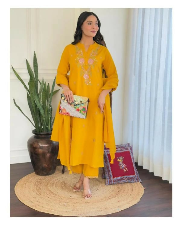 The52 Women's Beautiful Rayon Slub Fabric Embroidery Work Straight Kurta Pant and Dupatta Set | Grocsy