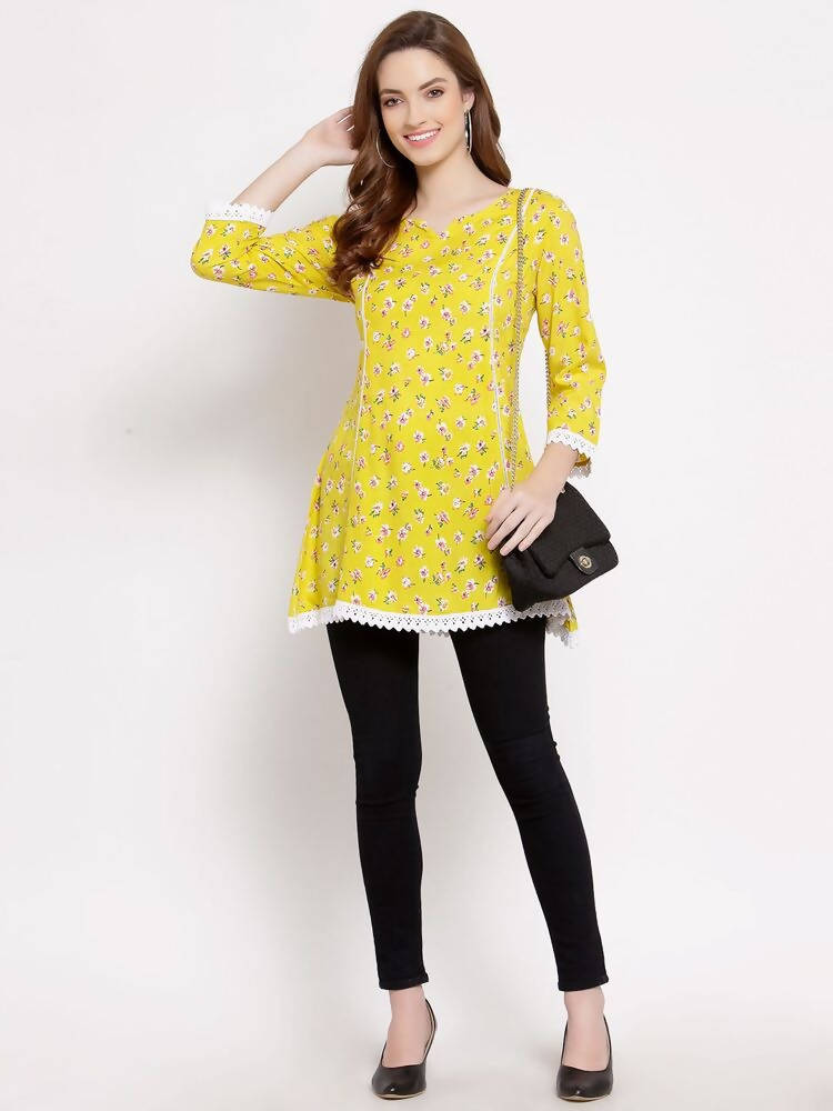 Myshka Women's Yellow Cotton 3/4 Sleeve Round Neck Printed Casual Tunic | Grocsy
