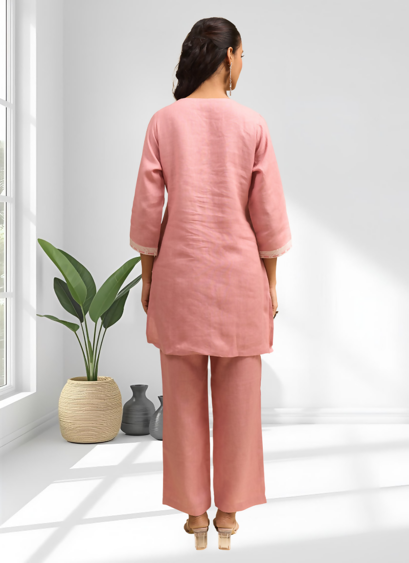 Joban Fashion Pink Linen Embroidered Readymade Cord Set | Grocsy