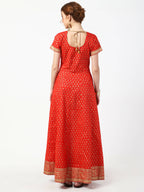 Cheera Women's Red Cotton Hand Block Print Long Dress With Silk Dupatta Set | Grocsy