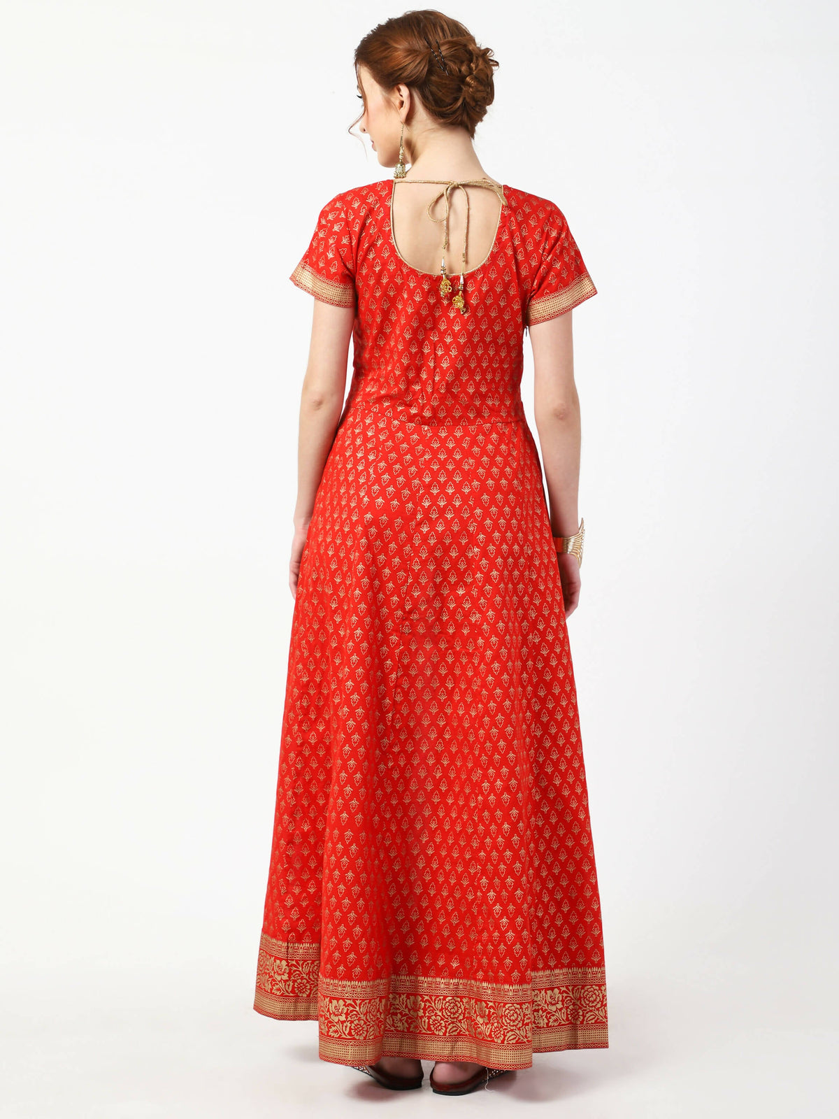 Cheera Women's Red Cotton Hand Block Print Long Dress With Silk Dupatta Set | Grocsy